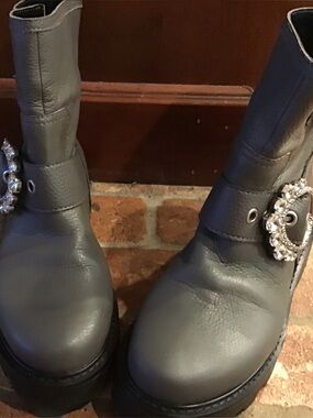 Gray Leather Combat Boots with Jeweled Buckle